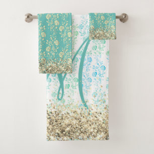 Conjunto De Toalhas Flores Gliter Monograma em Azul Turquesa