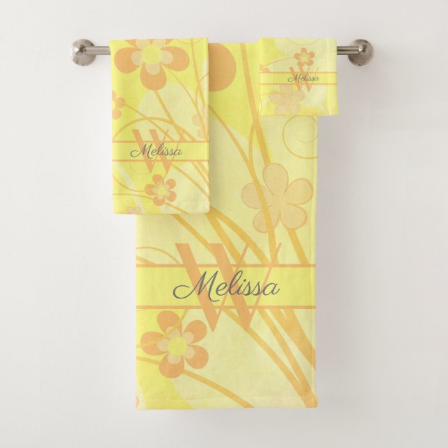 Conjunto De Toalhas Flores Laranja Amarelas Simples Monograma Floral A (Insitu)