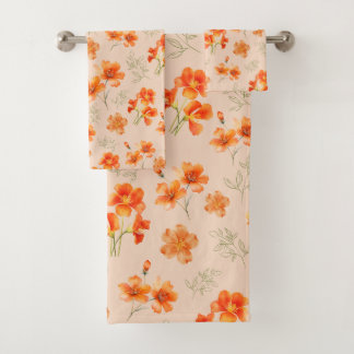 Conjunto De Toalhas Flores Laranja com Folhas Verdes