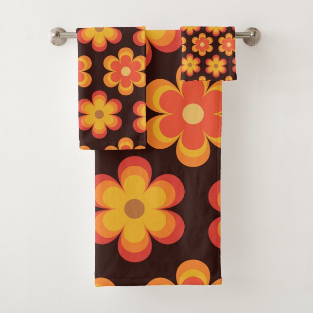 Conjunto De Toalhas Flores Laranja e Amarelo Groovy Retro dos Anos 70 (Insitu)
