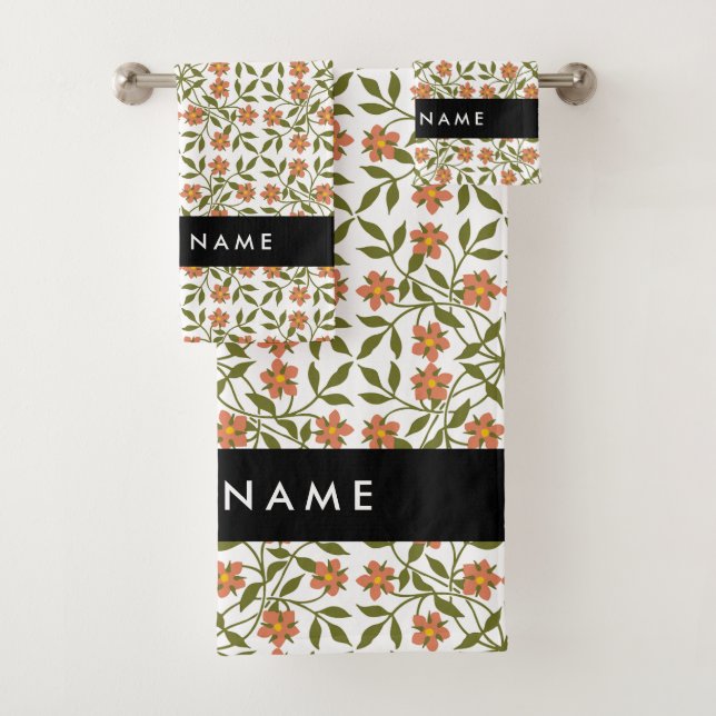 Conjunto De Toalhas Flores Laranja, Padrão Floral, Boho, Seu Nome (Insitu)