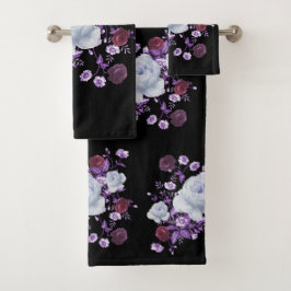 CONJUNTO DE TOALHAS FLÔRES LILÁS, FUNDO PRETO
