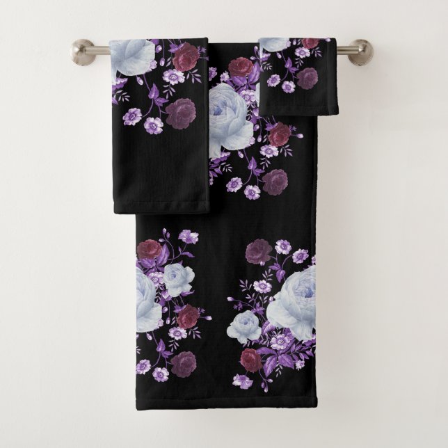 CONJUNTO DE TOALHAS FLÔRES LILÁS, FUNDO PRETO (Insitu)
