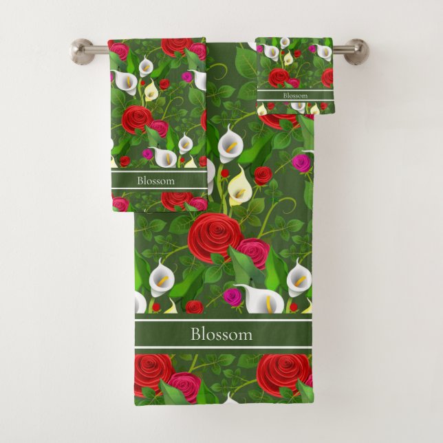 Conjunto De Toalhas Flores Modernas Elegantes e Letra em Verde Florest (Insitu)
