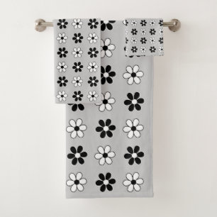 Conjunto De Toalhas Flores modernas em preto e branco sobre cinza prat
