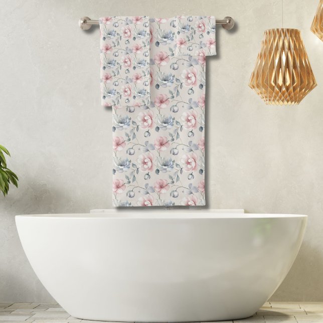 Conjunto De Toalhas Flores Pastel Muted Rosa Azul Cinza Shabby Chic (Shabby Chic Pink Blue Gray floral bath towel set. Bath towel, hand towel, wash cloth)