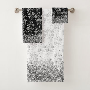 Conjunto De Toalhas Flores Prateadas em Brilho Branco e Preto