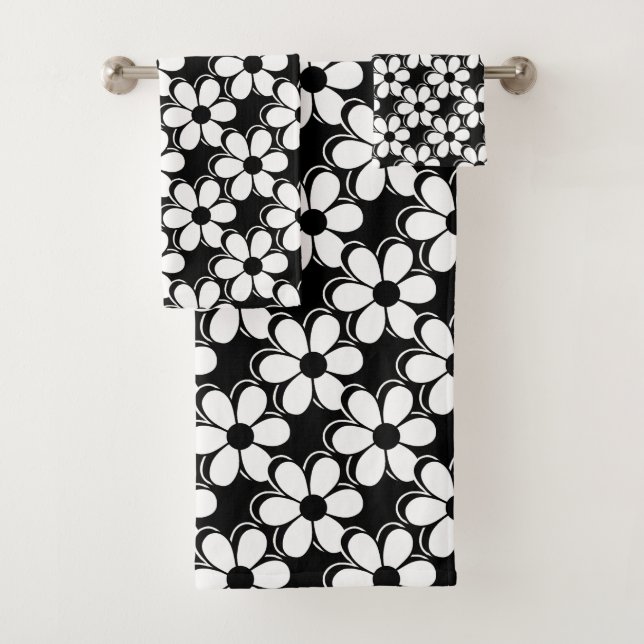 Conjunto De Toalhas Flores Pretas e Brancas Elegantes em Preto (Insitu)