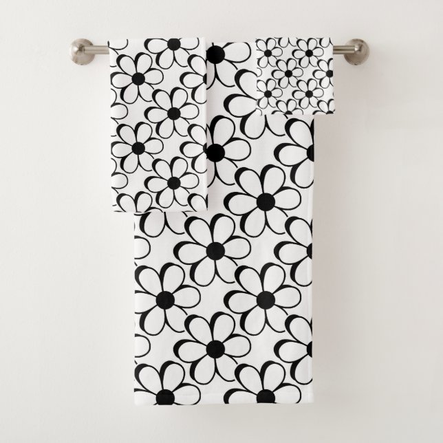 Conjunto De Toalhas Flores Pretas e Brancas Elegantes sobre Branco (Insitu)
