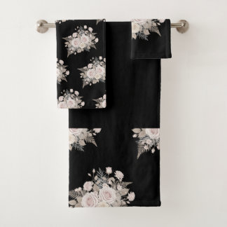 Conjunto De Toalhas Flores pretas e rosas banheiro decorativo moderno
