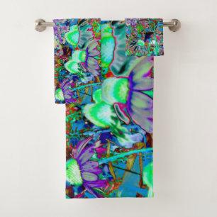 Conjunto De Toalhas Flores Psicodélicas de Verde limão e Roxo