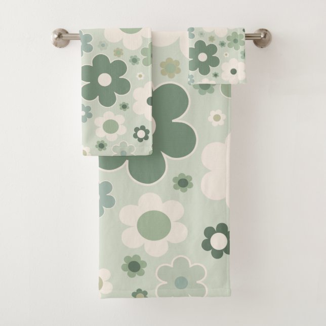 Conjunto De Toalhas Flores Retro Abstrato Verde Sage Floral (Insitu)