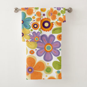 Conjunto De Toalhas Flores Retro Laranja Lilac e Verde