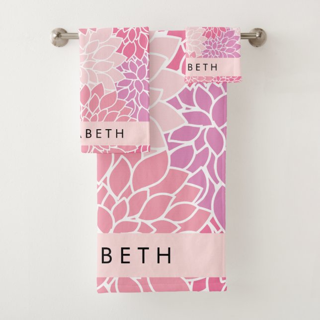 Conjunto De Toalhas Flores Rosa Dahlia, Padrão De Flores, Seu Nome (Insitu)