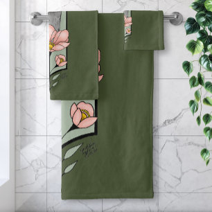 Conjunto De Toalhas Flores Rosa de Avestruz Verde Oliva Art Déco