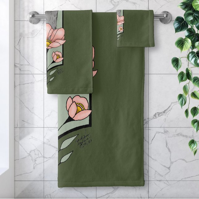 Conjunto De Toalhas Flores Rosa de Avestruz Verde Oliva Art Déco (Criador carregado)