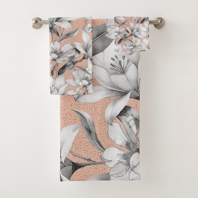Conjunto De Toalhas Flores rosa douradas preto botânico (Insitu)