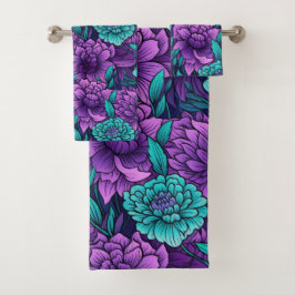 Conjunto De Toalhas Flores Roxas E Turquesa
