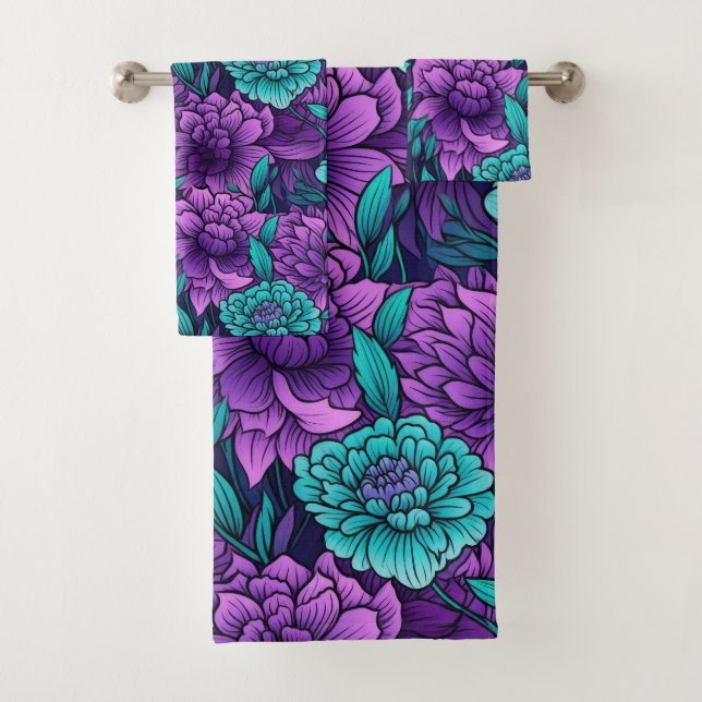 Conjunto De Toalhas Flores Roxas E Turquesa (Insitu)