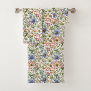 Conjunto De Toalhas Flores Silvestres de Aquarela Rosa Azul