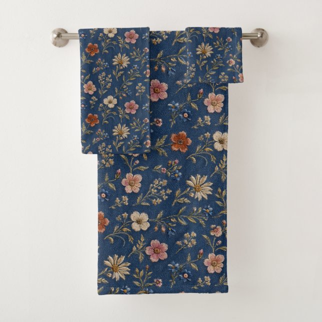 Conjunto De Toalhas Flores silvestres simples bordadas em fundo de jea (Insitu)