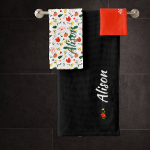 Conjunto De Toalhas Flores silvestres, verde, vermelho, preto