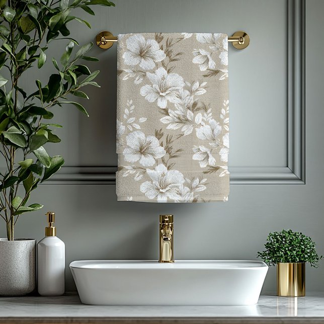 Conjunto De Toalhas Flores tropicais brancas decoração sofisticada beg (White tropical flowers taupe beige stylish decor bath towel

)