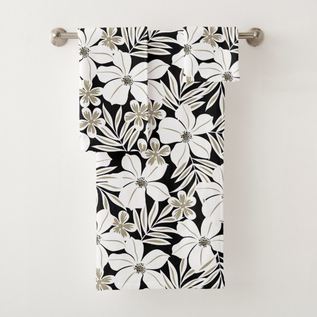 Conjunto De Toalhas Flores tropicais brancas em preto (Insitu)
