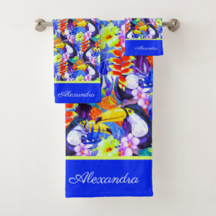 Conjunto De Toalhas Flores tropicais de pássaros tucanos, monogramas,