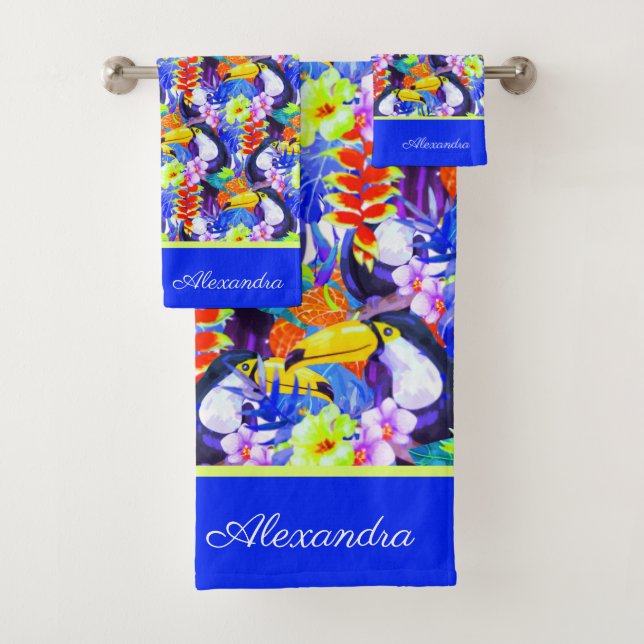 Conjunto De Toalhas Flores tropicais de pássaros tucanos, monogramas,  (Insitu)
