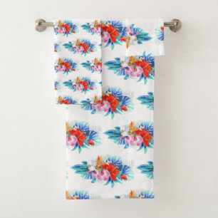 Conjunto De Toalhas Flores Tropicais Exóticas - Rosa e Aquamarino