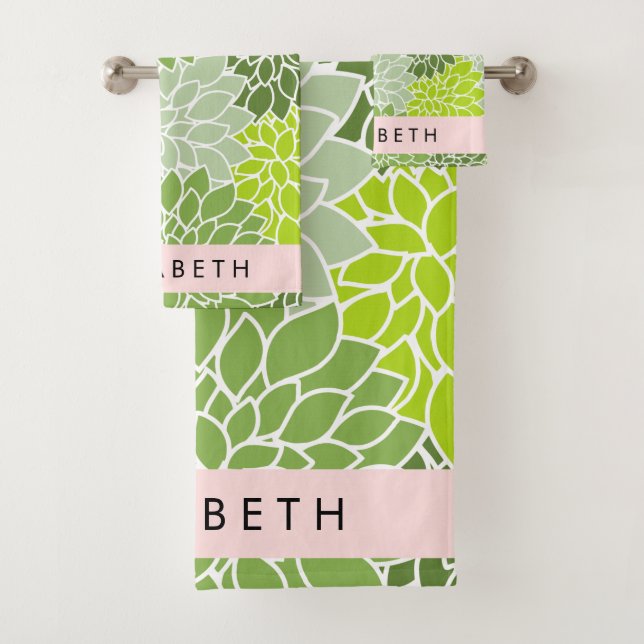Conjunto De Toalhas Flores Verdes Dahlia, Padrão Floral, Seu Nome (Insitu)