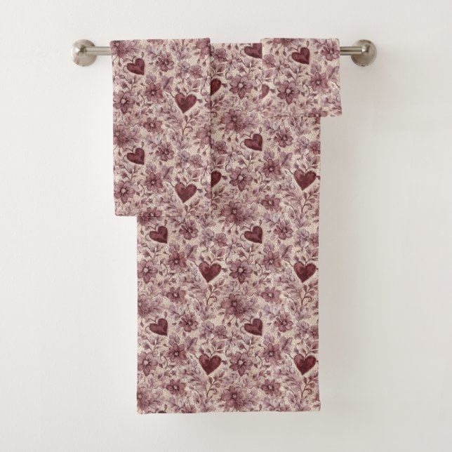 Conjunto De Toalhas Flores Vermelhas Burgundy Corações Creme (Insitu)