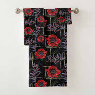 Conjunto De Toalhas Flores vermelhas em preto.