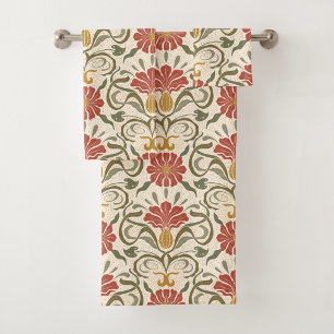 Conjunto De Toalhas flores vermelhas, folhas verdes e sotaques amarelo