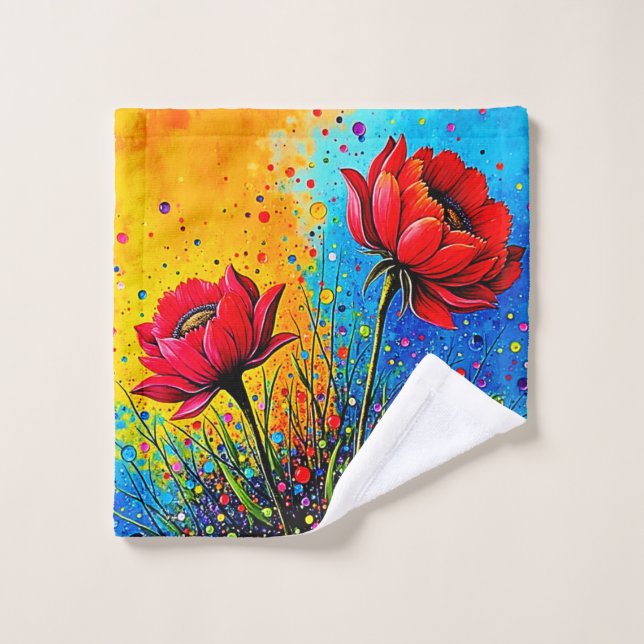 Conjunto De Toalhas Flores Vermelhas Vibrantes Impressão Pop Art (Pano de lavar)