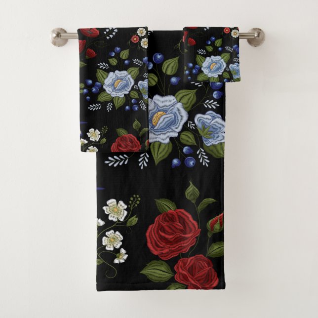 Conjunto De Toalhas Flores Vermelhos e Azuis Bordados Faux (Insitu)