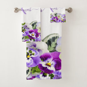 Conjunto De Toalhas Flores violetas, roxas, com nome de monograma bran