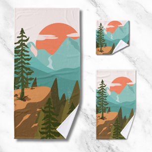 Conjunto De Toalhas Floresta Abstrata Moderna, Montanhas e Nascer do S