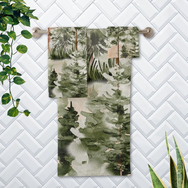 Conjunto De Toalhas Floresta Verde Rústica Aquarela (In situ Bathroom wall)
