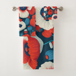 Conjunto De Toalhas Florestas Vermelhas, Brancas, Poppies Azuis