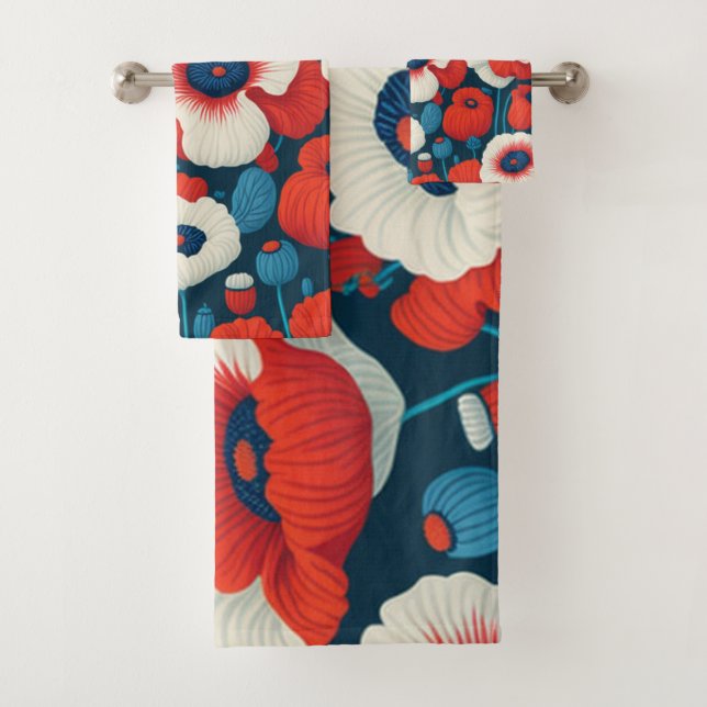 Conjunto De Toalhas Florestas Vermelhas, Brancas, Poppies Azuis (Insitu)