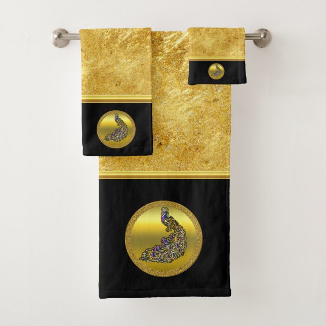Conjunto De Toalhas Folha de ouro pavão Dourada e roxa com preto (Insitu)