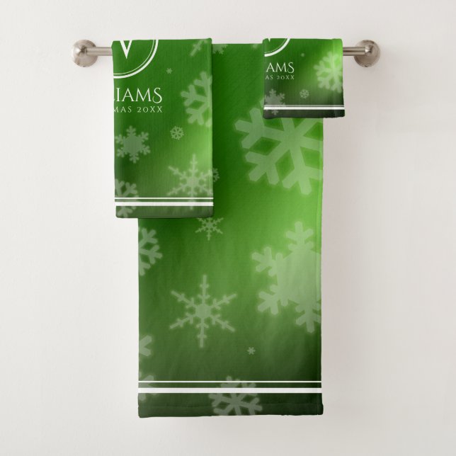 Conjunto De Toalhas Folha Verde Festiva Snowflakes Monograma Nome (Insitu)