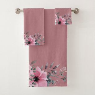 Conjunto De Toalhas Folhagem Anemone em Fundo Rosa