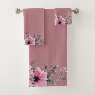 Conjunto De Toalhas Folhagem Anemone em Fundo Rosa