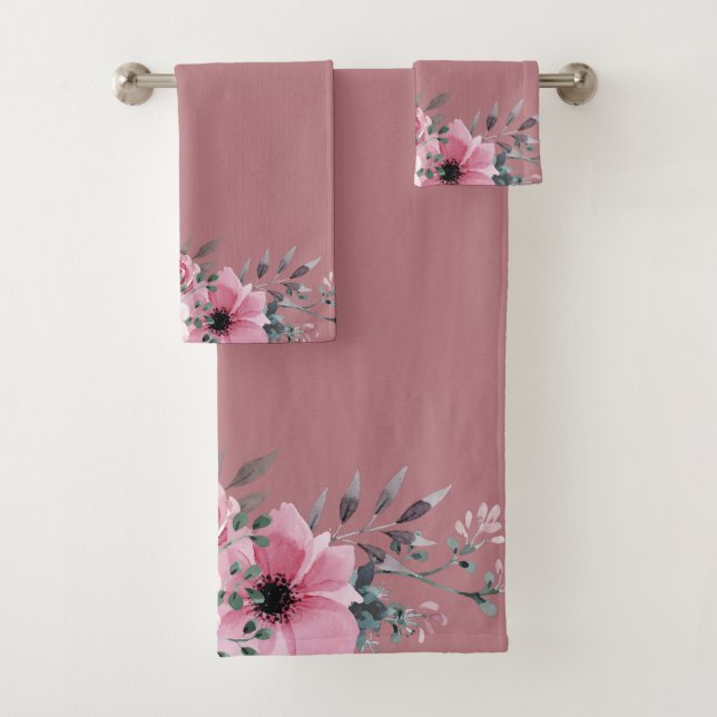 Conjunto De Toalhas Folhagem Anemone em Fundo Rosa (Insitu)