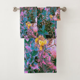 Conjunto De Toalhas Folhagem de Jardim de Coral Abstrato, Rosa Verde e