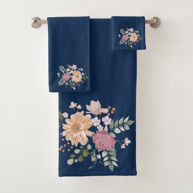 Conjunto De Toalhas Folhagem de Rosa de Flores em Fundo Azul (Insitu)
