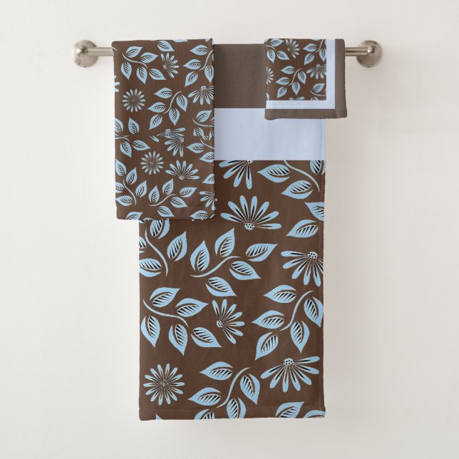 Conjunto De Toalhas Folhas Azuis na Moda em Marrom / Monograma (Insitu)